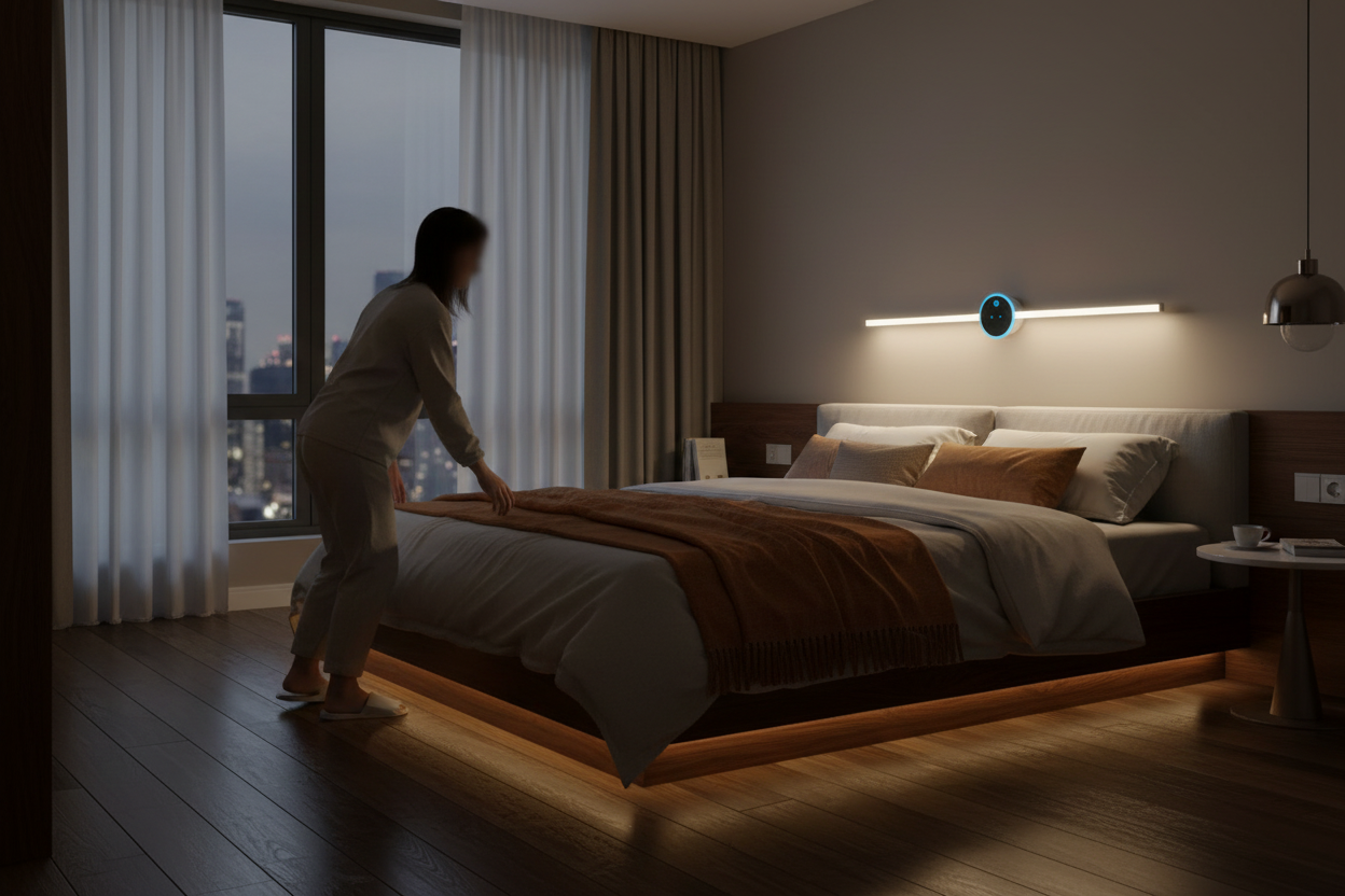 Luz LED con sensor activándose en dormitorio de noche